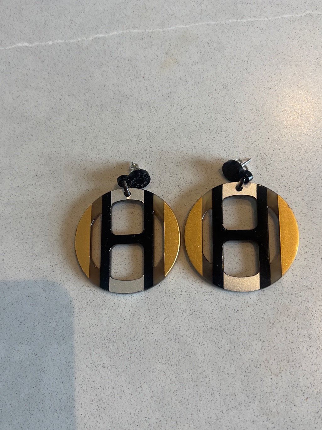 Hermes Gold And Black Circular H Motif Drop Earrings
